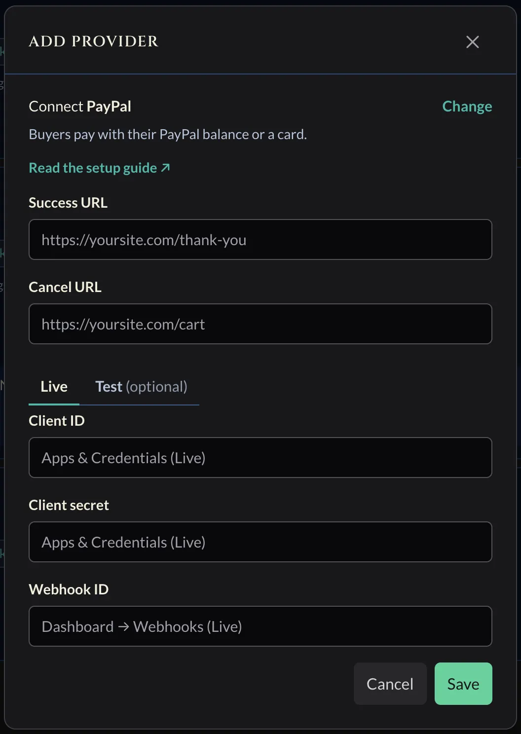 Coin Moebius Connect PayPal form with Success and Cancel URLs and Live/Test tabs for the client ID, client secret, and webhook ID