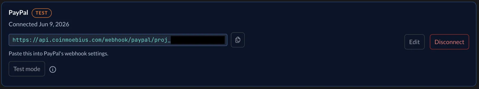 Coin Moebius Providers tab showing a connected PayPal card tagged TEST with its webhook URL, Edit and Disconnect