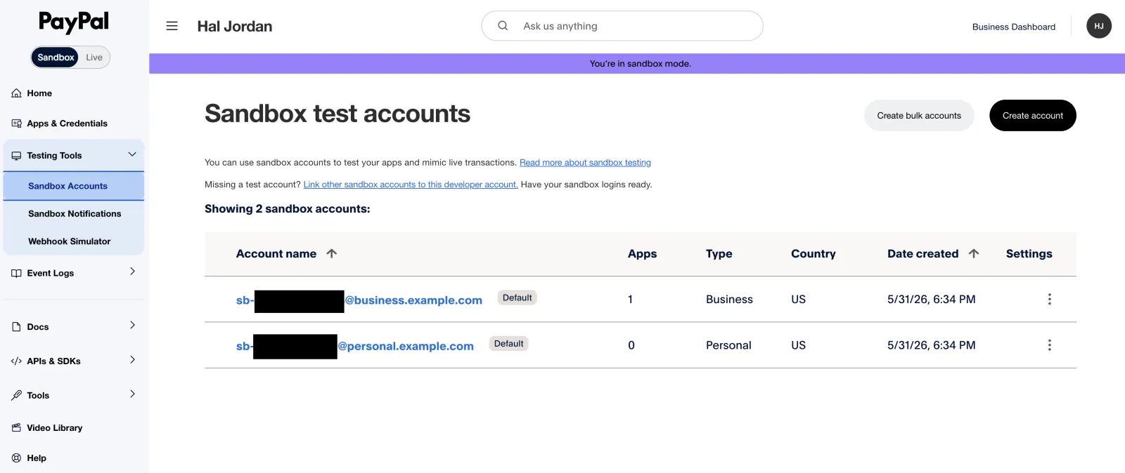 PayPal Sandbox test accounts list showing a Business and a Personal account