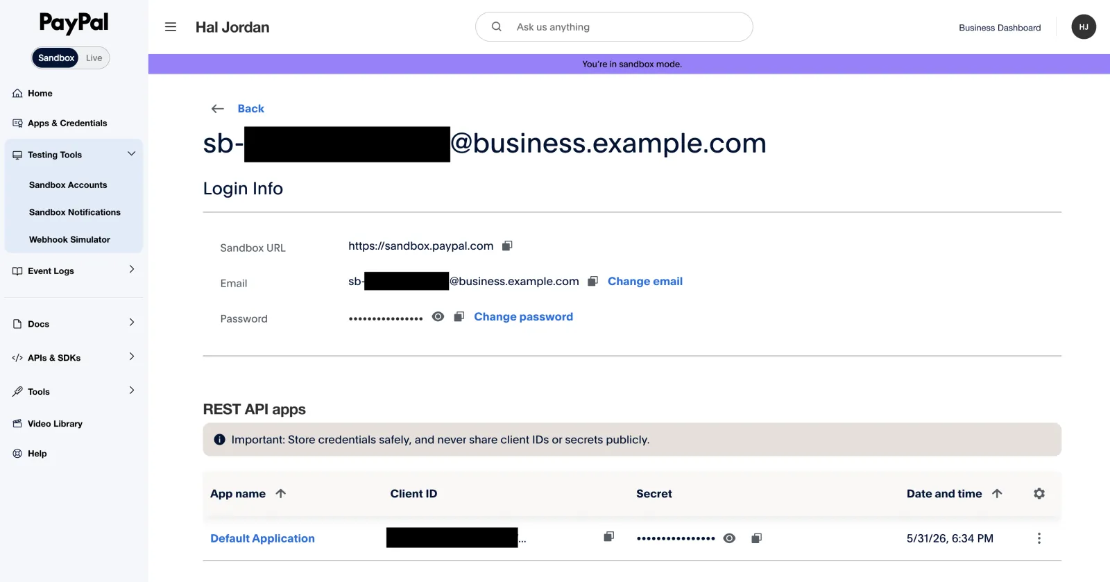 PayPal sandbox account detail showing the sandbox URL, email, and password under Login Info