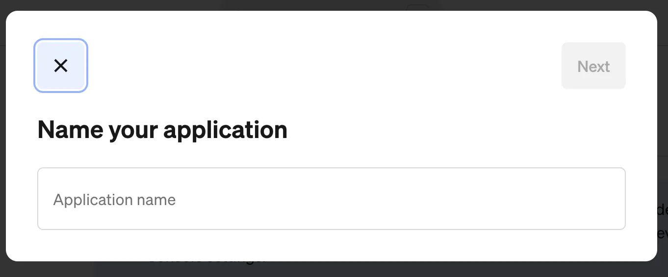 Square Name your application dialog with an Application name field and a Next button