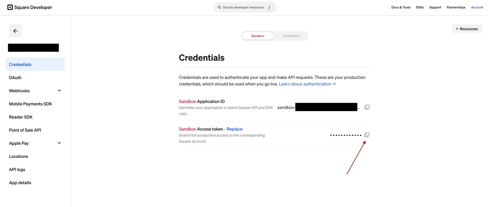 Square Credentials page with the Sandbox toggle selected and the Access token copy icon highlighted