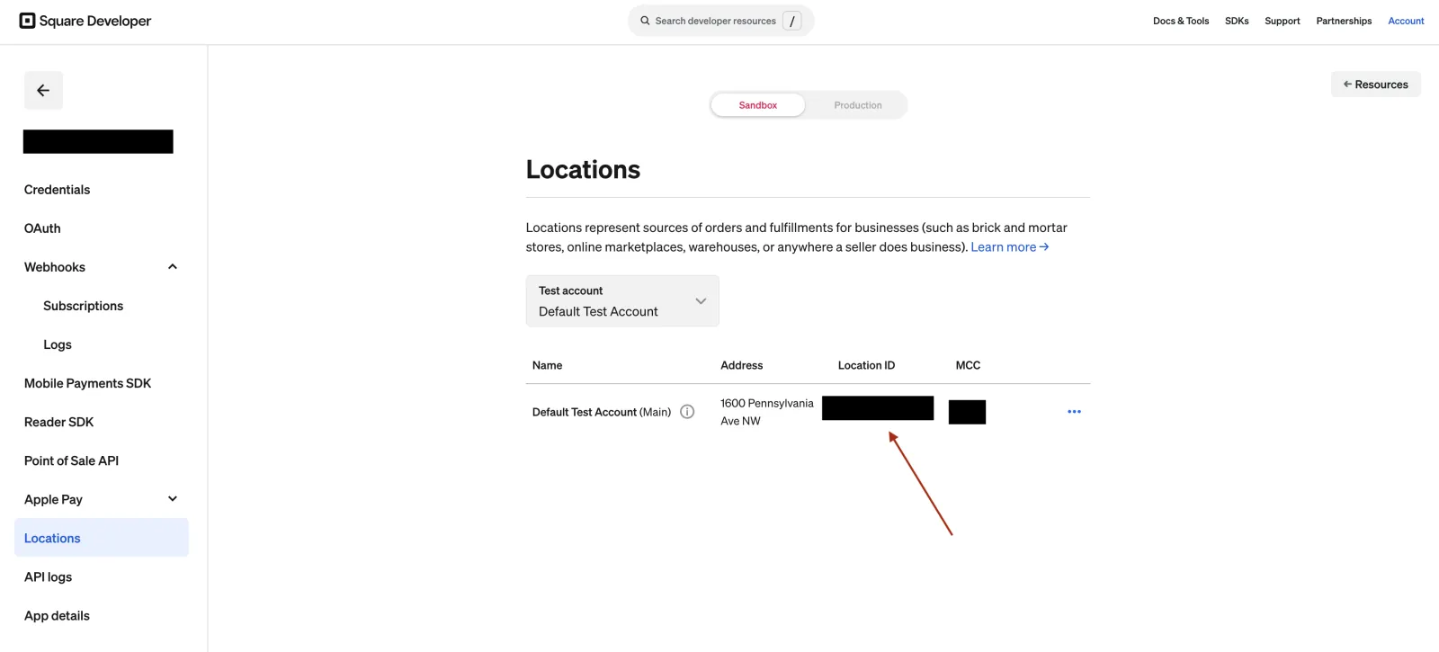 Square Locations page with the Location ID column highlighted for the default location