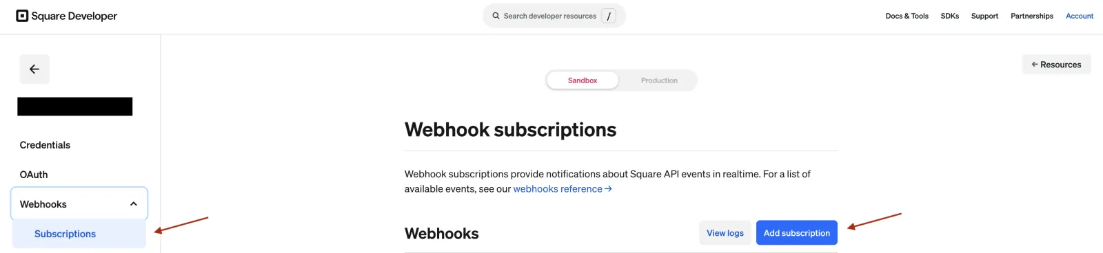 Square Webhook subscriptions screen with the Subscriptions menu item and the Add subscription button highlighted