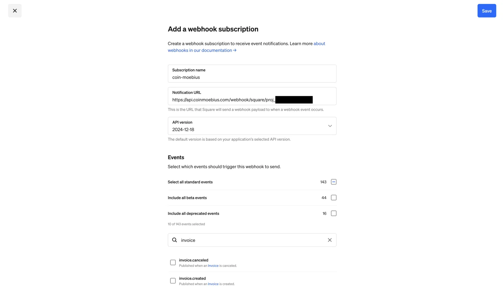 Square Add a webhook subscription form with the Coin Moebius notification URL pasted in and the event search open