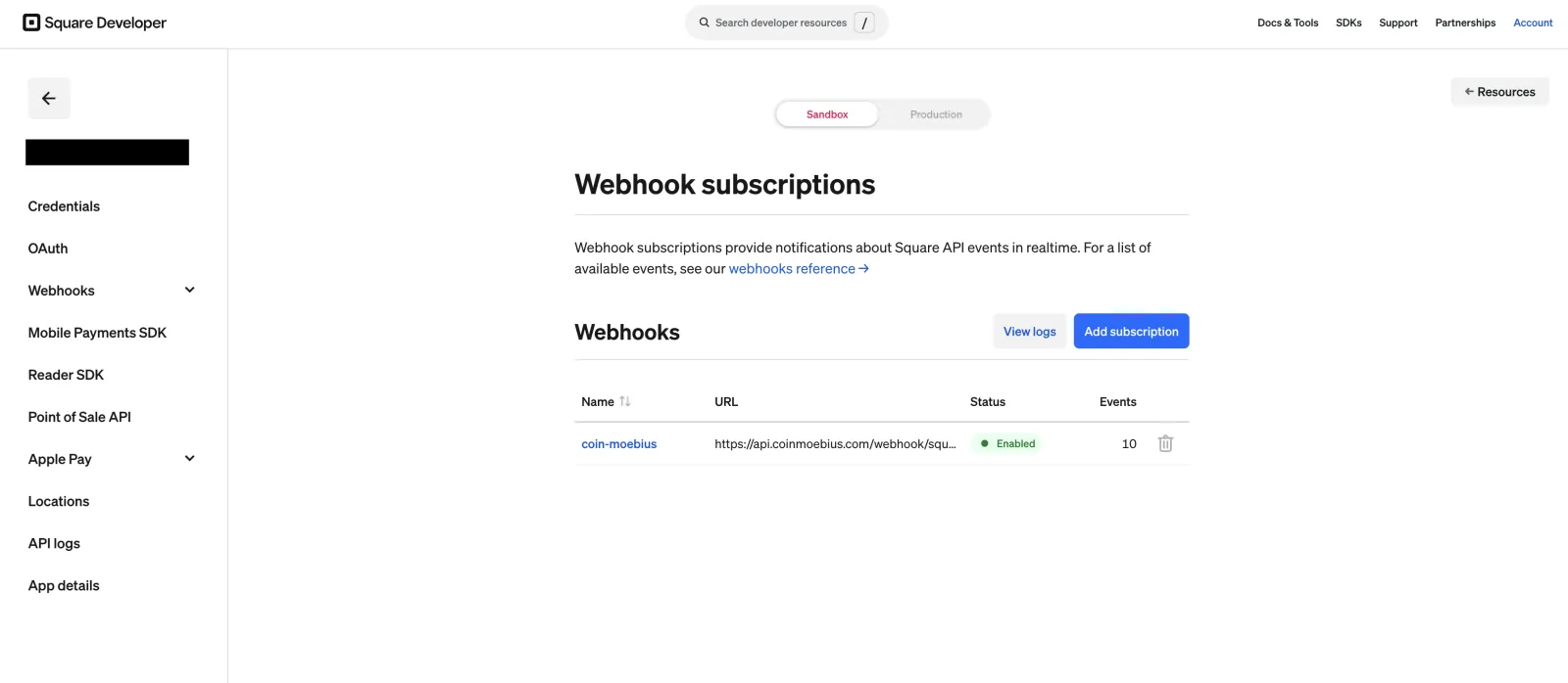 Square Webhook subscriptions list showing the coin-moebius subscription Enabled with 10 events