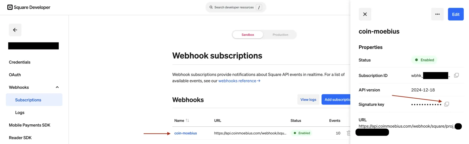 Square subscription properties panel with the Signature key copy icon highlighted