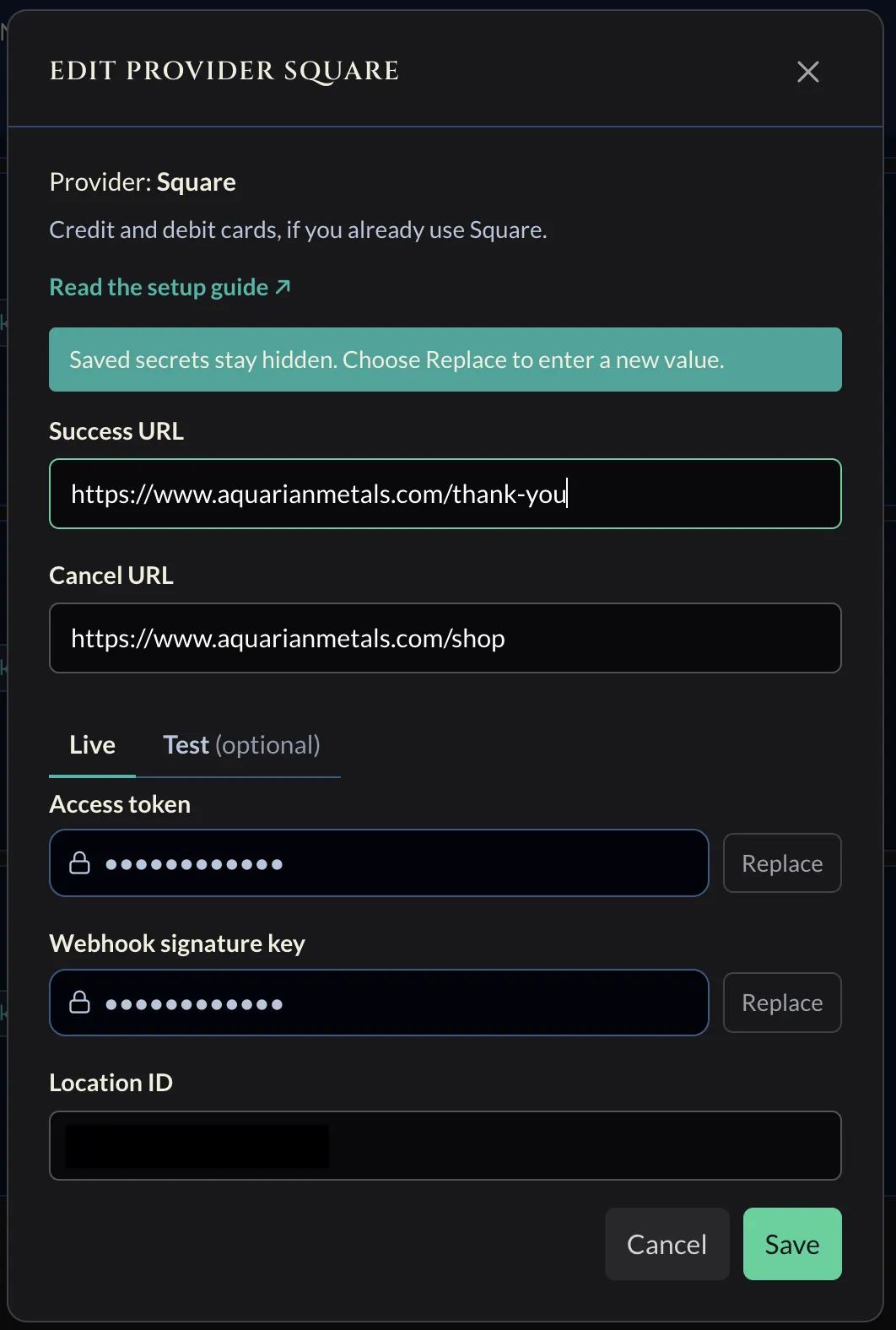 Coin Moebius Connect Square form with Success and Cancel URLs and Live/Test tabs for the access token, webhook signature key, and location ID