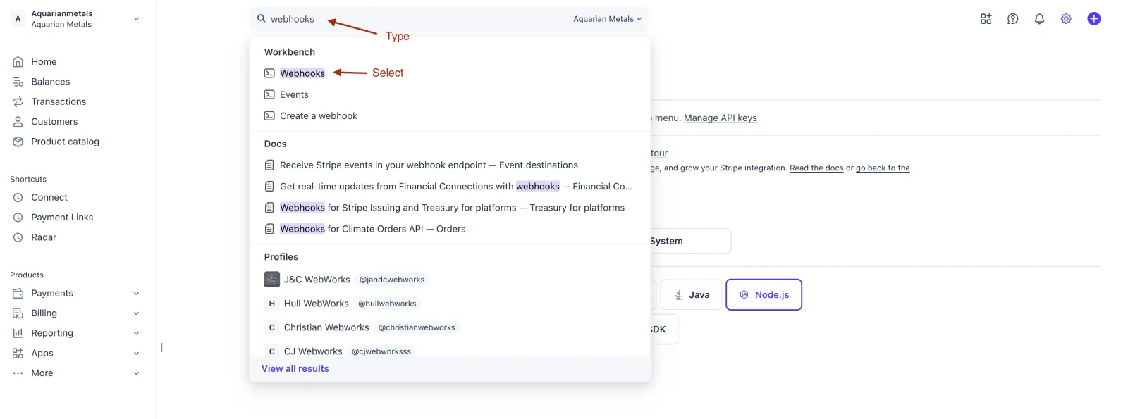 Stripe search bar with "webhooks" typed and the Webhooks result highlighted