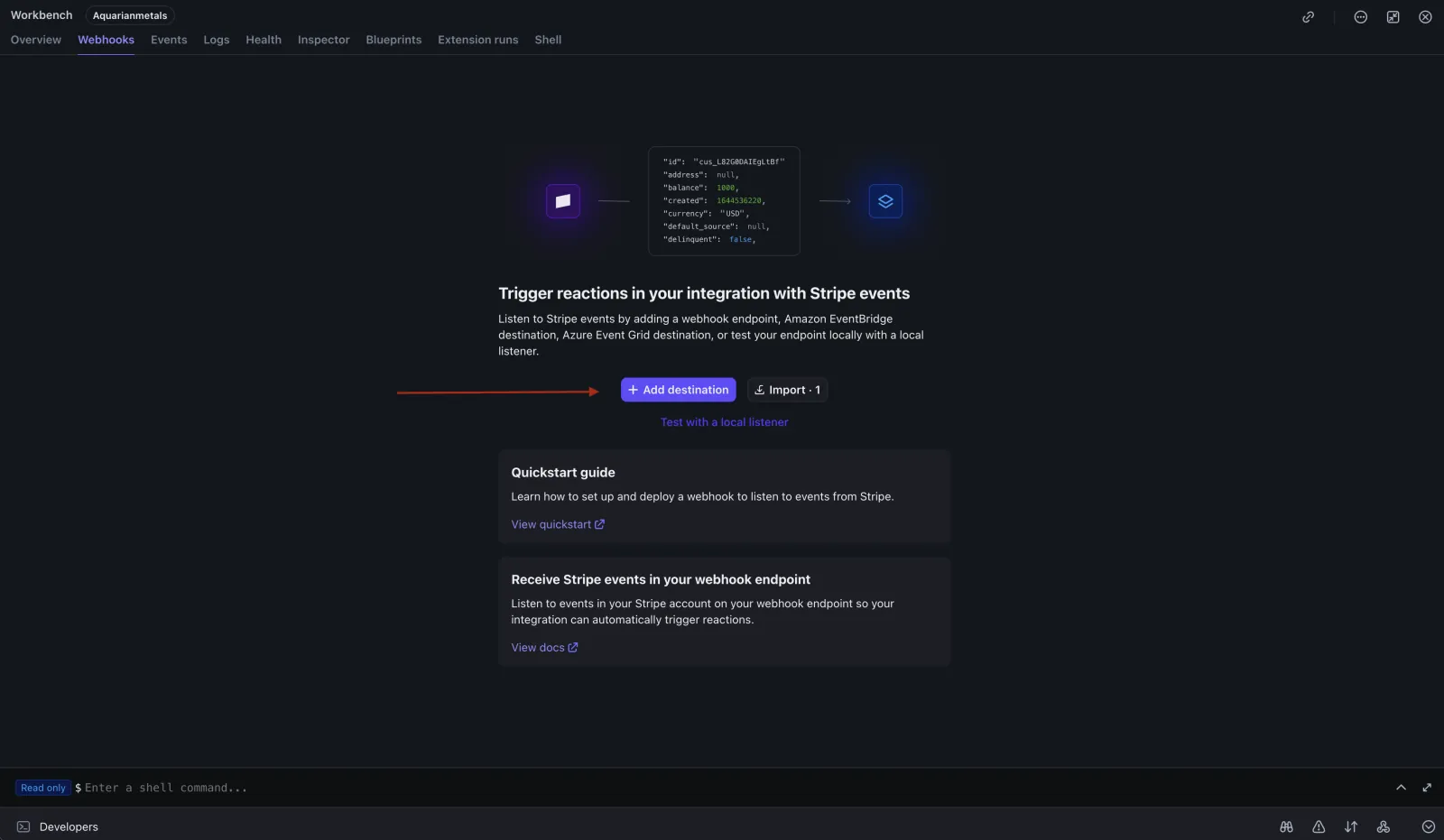 Stripe Workbench Webhooks tab with the Add destination button