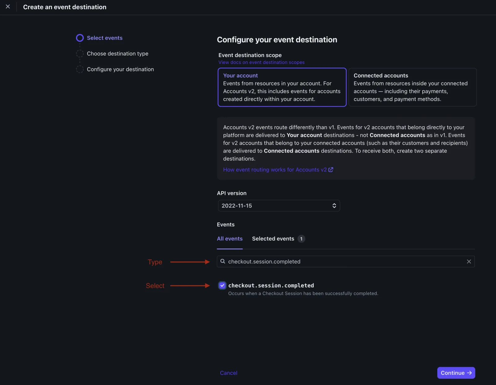 Stripe event selection step with checkout.session.completed searched and checked