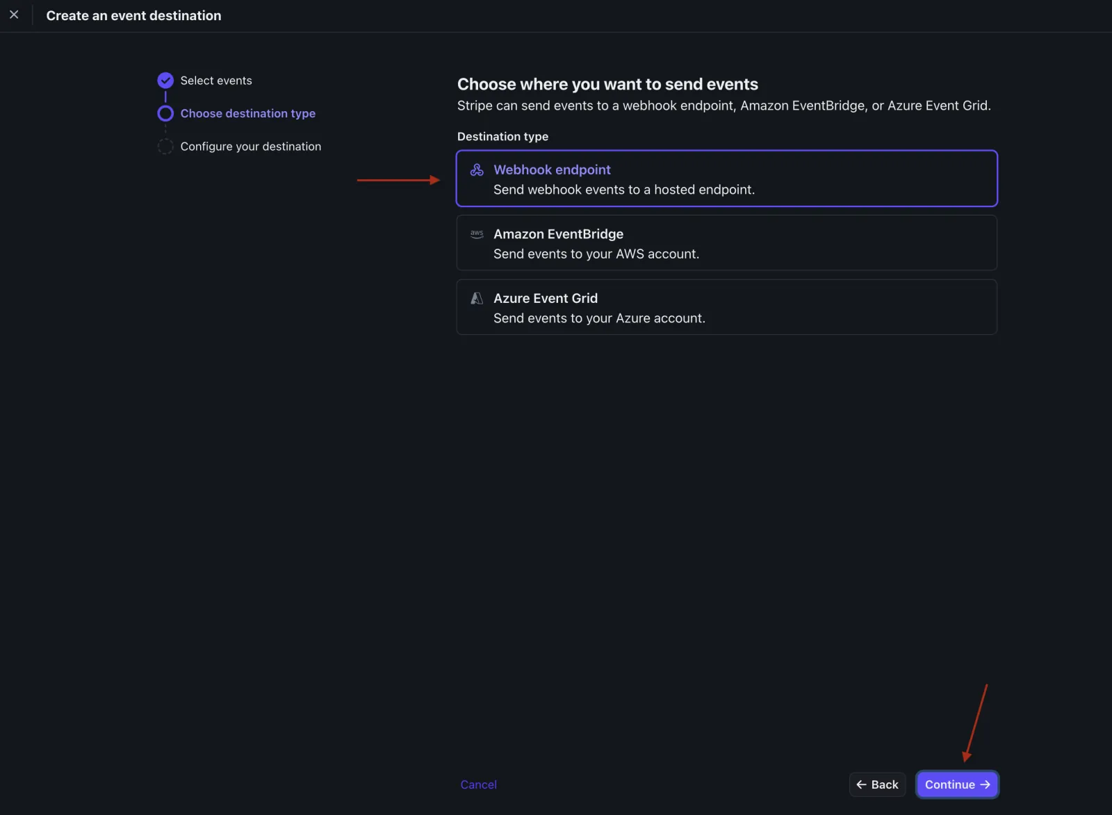 Stripe choose-destination-type step with Webhook endpoint selected