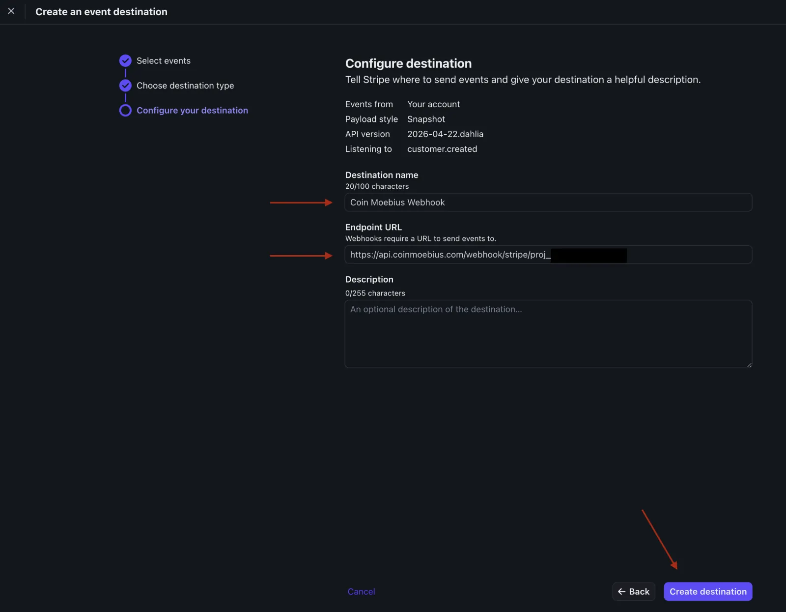 Stripe configure-destination form with the Coin Moebius webhook URL pasted into Endpoint URL