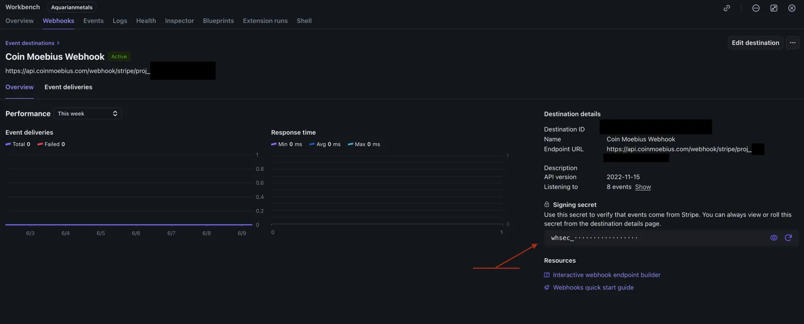 Stripe destination details page with the whsec_ signing secret reveal control highlighted