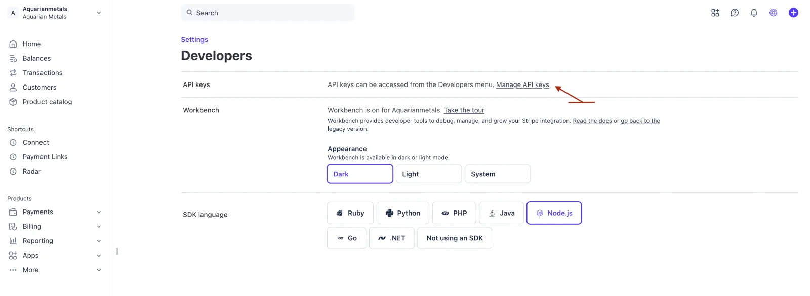 Stripe Developers page with the Manage API keys link highlighted