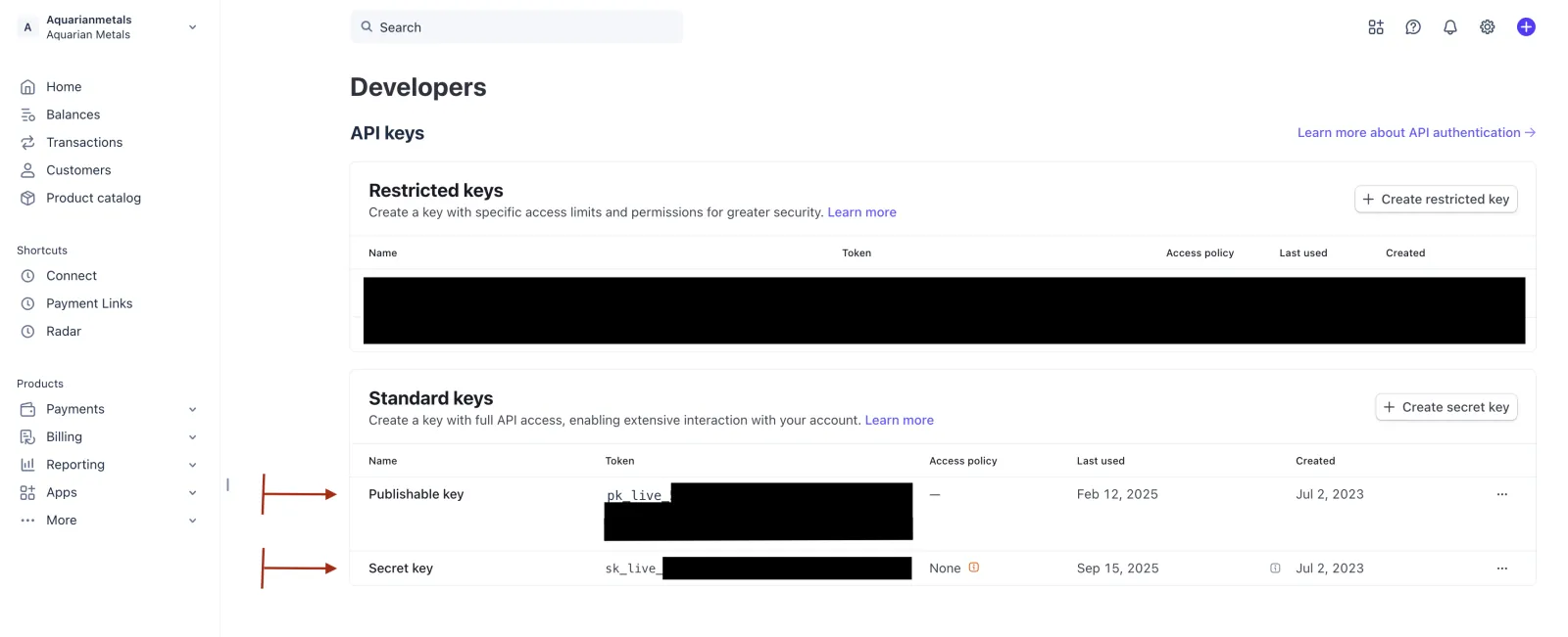 Stripe API keys page showing the Publishable key and Secret key rows under Standard keys