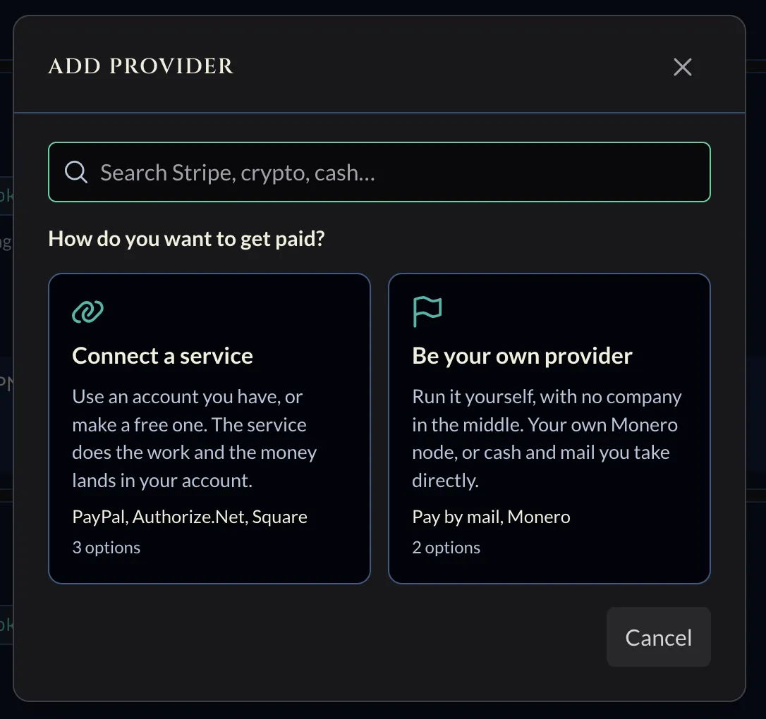 Coin Moebius Add provider dialog with Connect a service and Be your own provider options