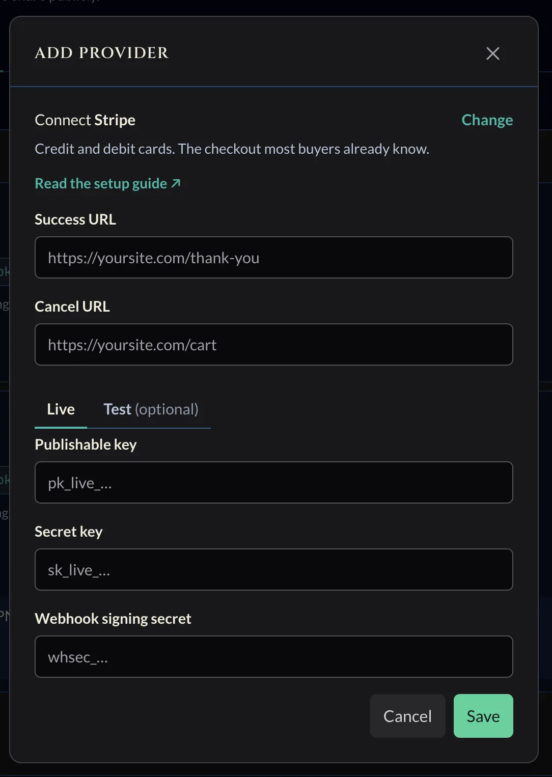 Coin Moebius Connect Stripe form with Success and Cancel URLs and Live/Test tabs for the publishable key, secret key, and webhook signing secret