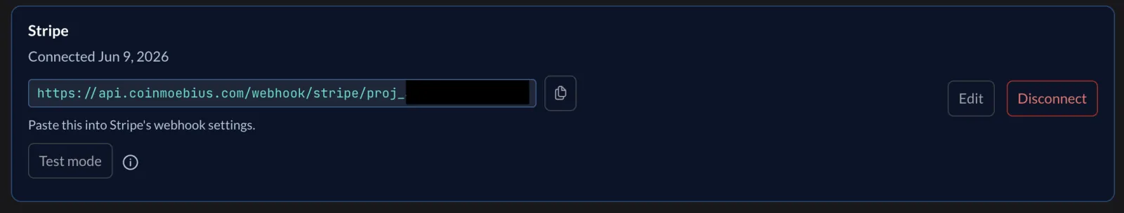 Coin Moebius Providers tab showing a connected Stripe card with its webhook URL, Edit and Disconnect
