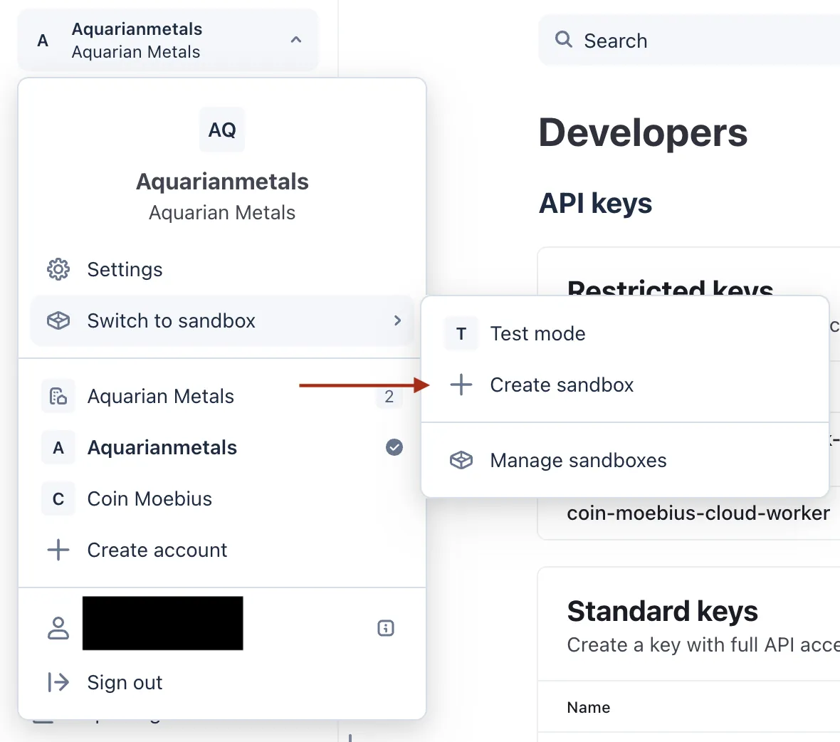 Stripe account menu open with Switch to sandbox and Test mode options