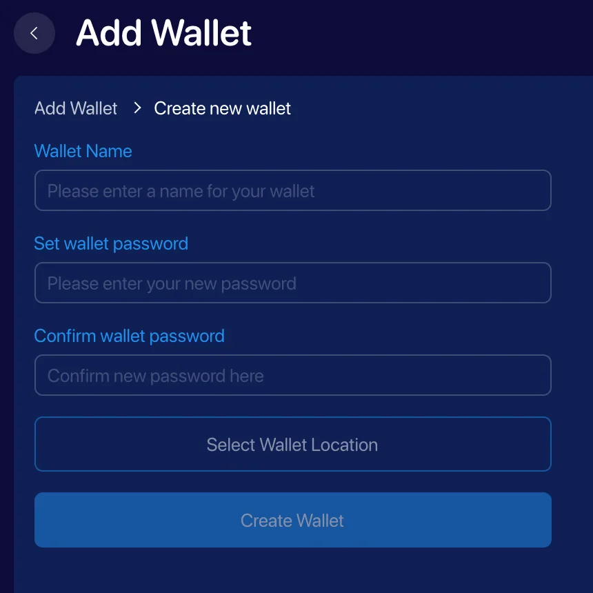 Zano app welcome screen with the Create a new wallet choice