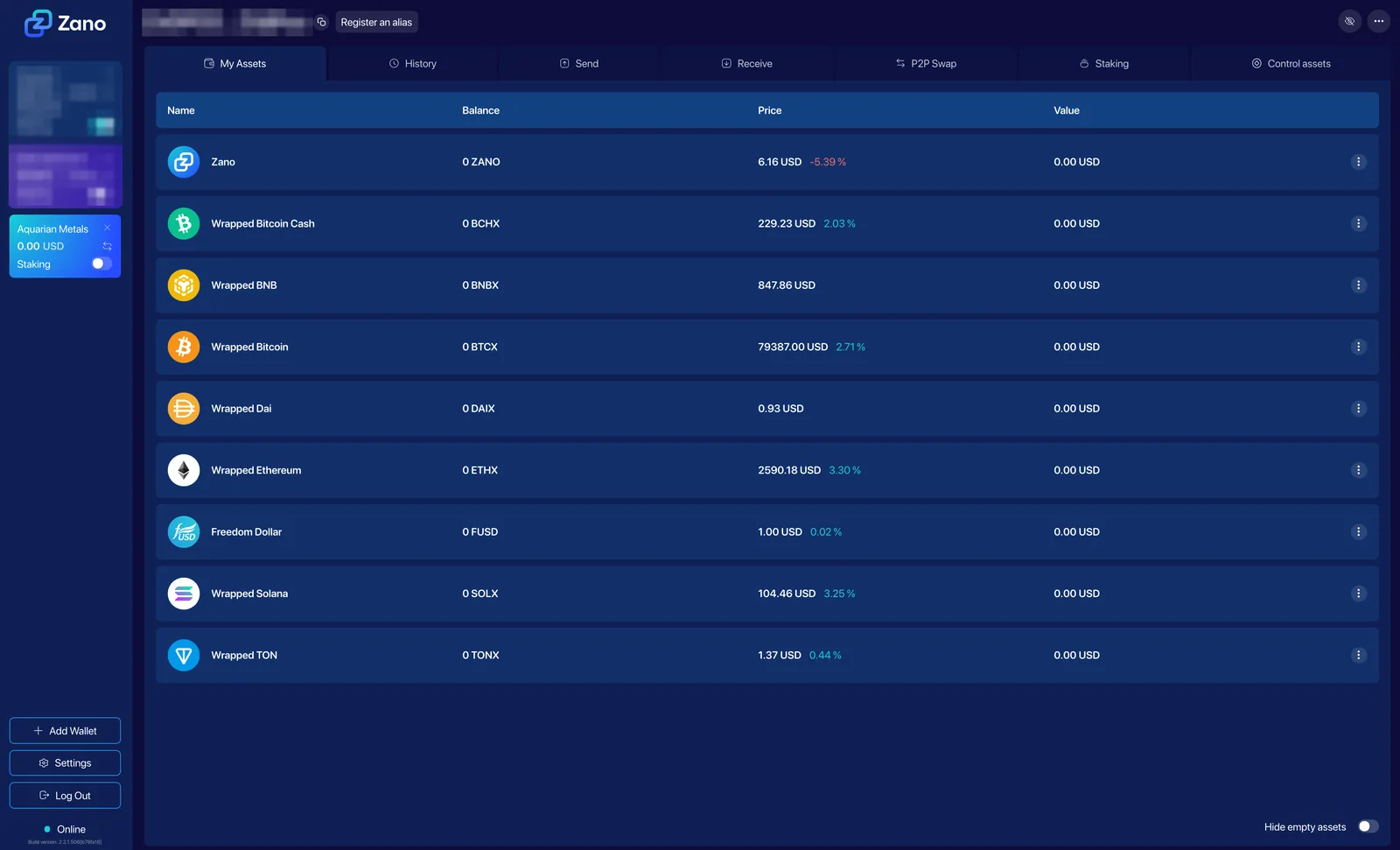Zano wallet open, showing the asset list and the balance, with the address hidden