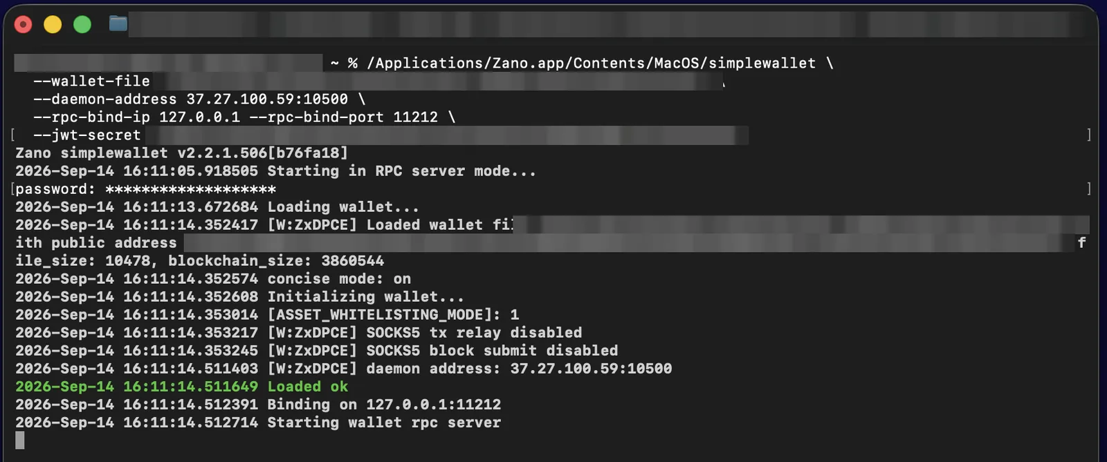 Terminal showing the Zano wallet helper running and connected to a node