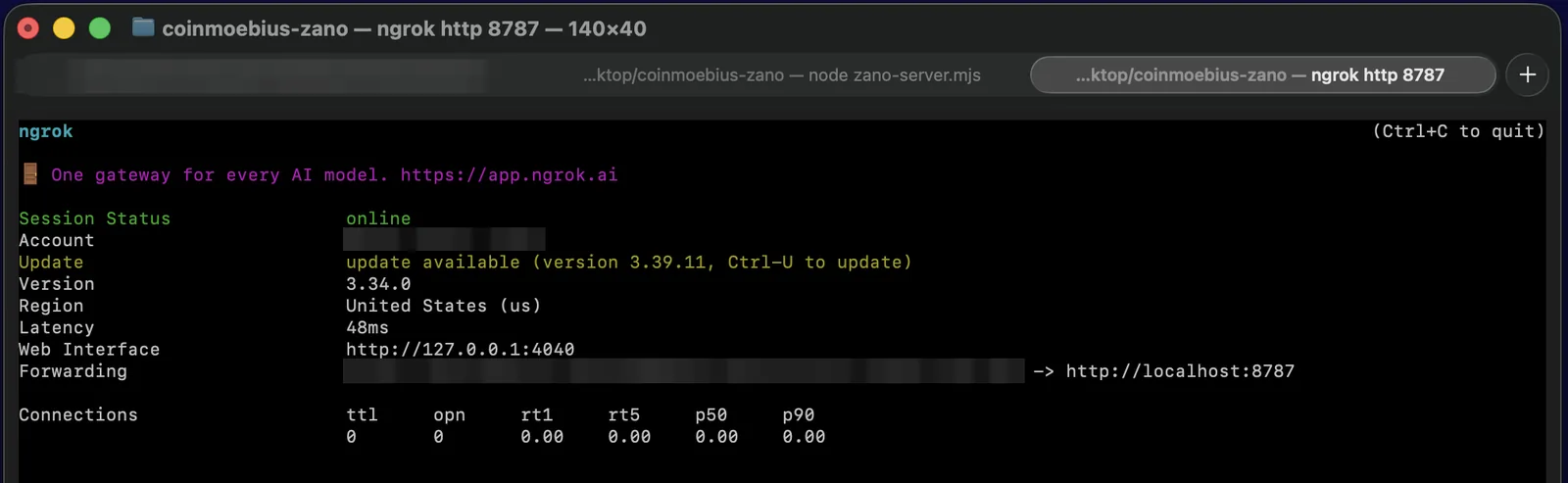 ngrok terminal showing the public Forwarding web address