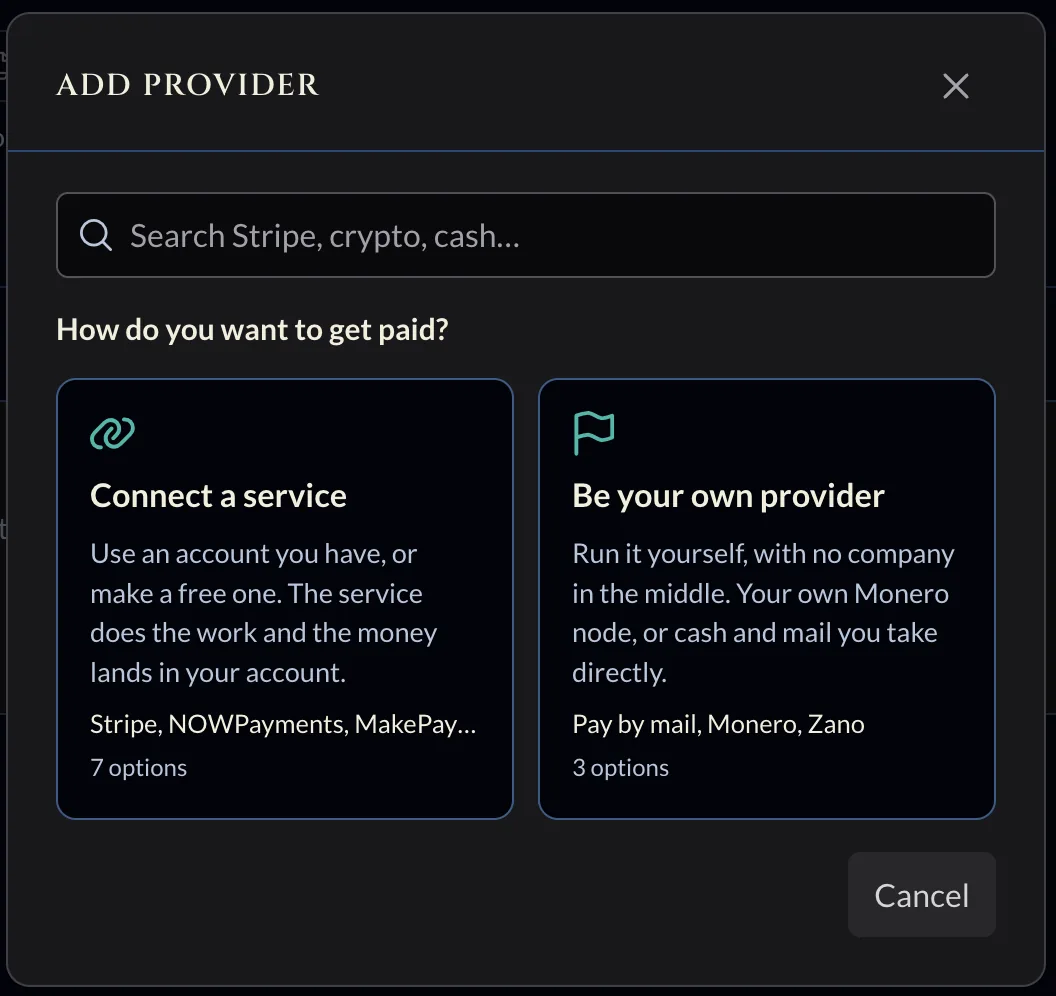 Add provider dialog with Connect a service and Be your own provider choices