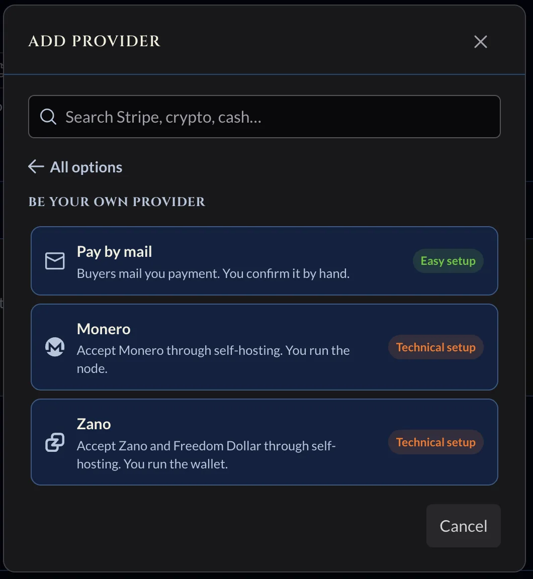 Add provider search with Zano typed and the Zano result