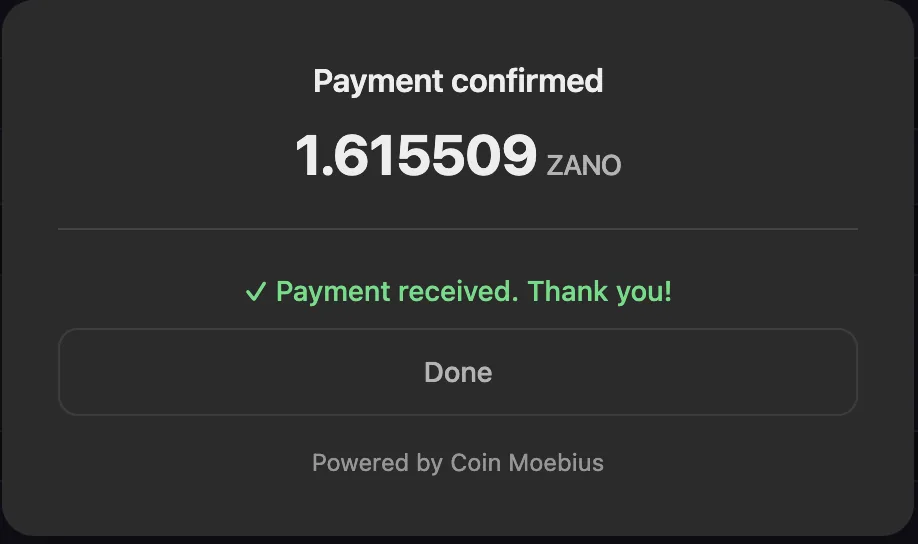 Buy window showing Payment confirmed and Payment received