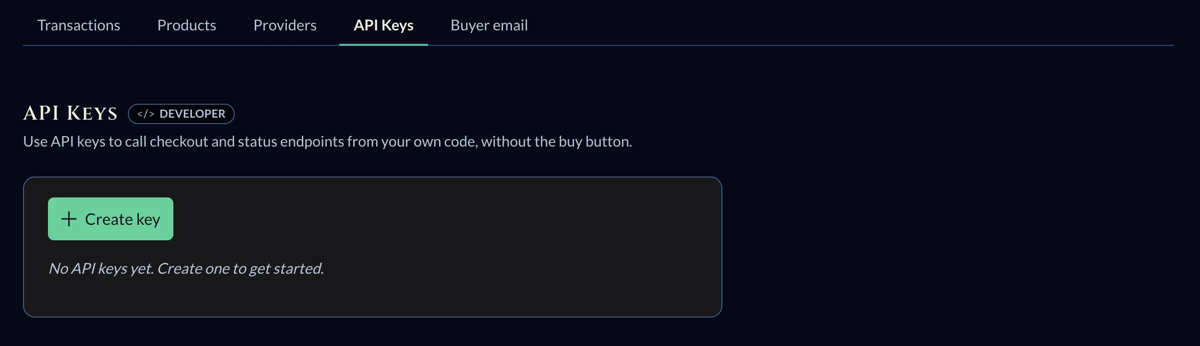 تبويب مفاتيح API مع زر إنشاء مفتاح وحالة فارغة.