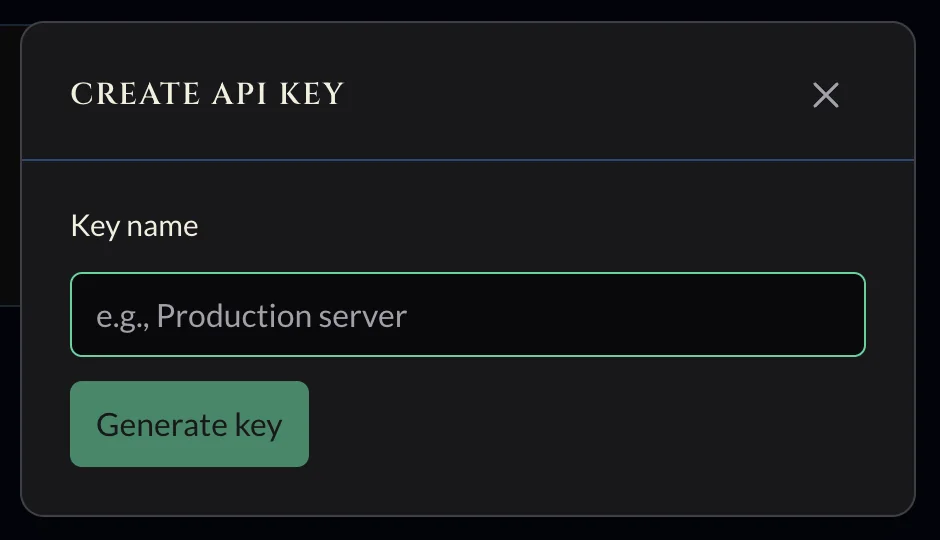إنشاء حوار مفتاح API مع حقل اسم المفتاح وزر إنشاء مفتاح.